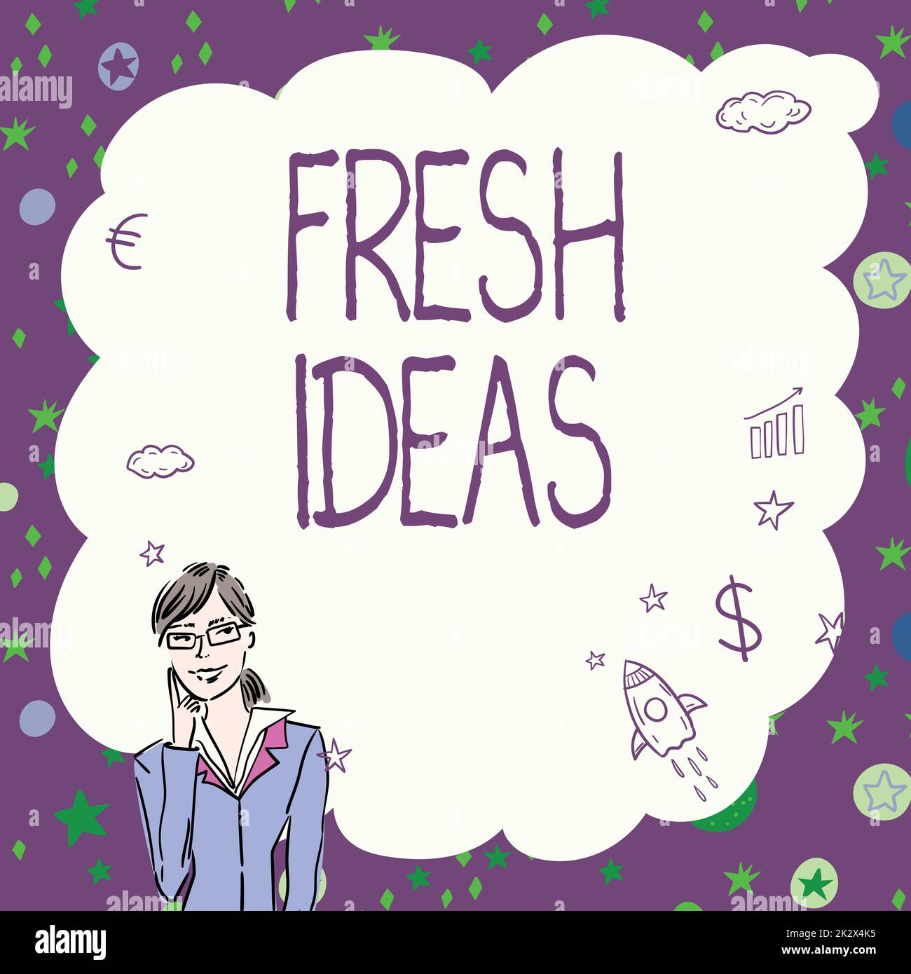 Visualizzazione concettuale idee fresche. Concetto che significa pensiero o suggerimento come possibile corso d'azione Illustrazione di Lady Thinking profondamente da solo per nuove incredibili idee tattiche. Foto Stock