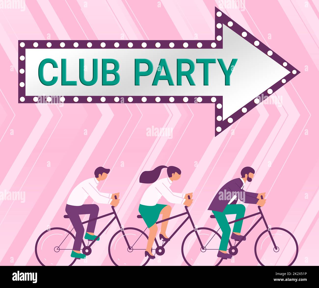 Cartello che mostra Club Party. Concettuale fotografia sociale riunione in un luogo che è informale e può avere bevande tre colleghi Riding Bicycle rappresentante di successo lavoro di squadra. Foto Stock