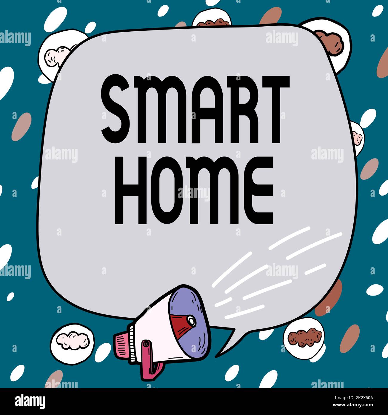 Scrittura a mano del testo Smart Home. Business idea automazione sistema di controllo illuminazione clima sistemi di intrattenimento telaio coperto con simboli vocali display altoparlante fare annunci. Foto Stock