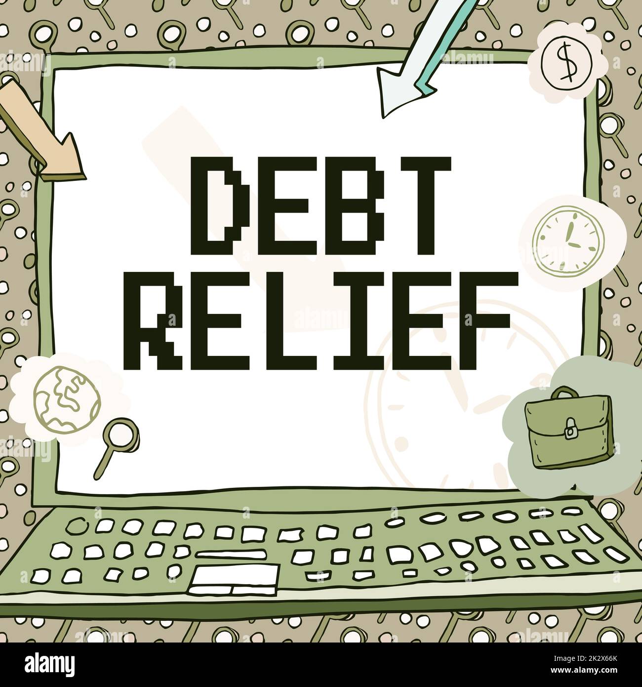 Segno che mostra la riduzione del debito. Idea di business parziale o totale remissione di esso, in particolare quelli per paesi Poster decorato con simboli monetari che mostrano la puntualità dei dipendenti. Foto Stock