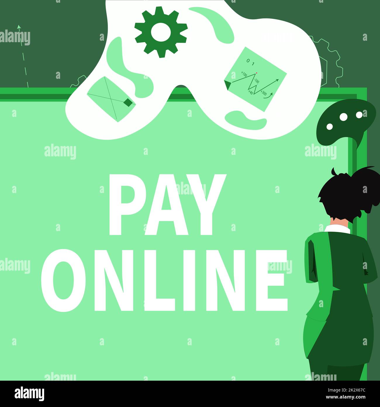 Didascalia di testo che presenta Pay Online. Parola per comprare i prodotti o il servizio usando la carta di credito su tutto il Web site Businesswoman che presenta la proposta di affari e gli aggiornamenti a bordo. Foto Stock