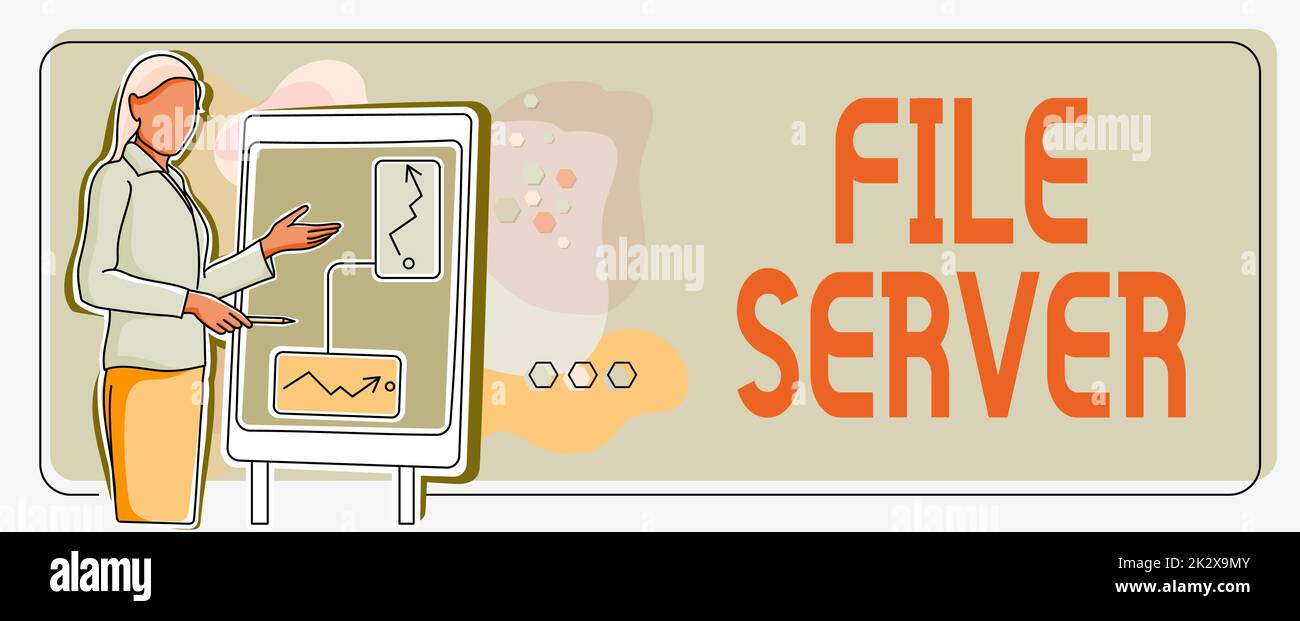 Server file delle didascalie concettuali. Concetto che significa dispositivo che controlla l'accesso ai dati memorizzati separatamente Lady in piedi sfondo anteriore che tiene la presentazione raggiungere gli obiettivi del progetto. Foto Stock