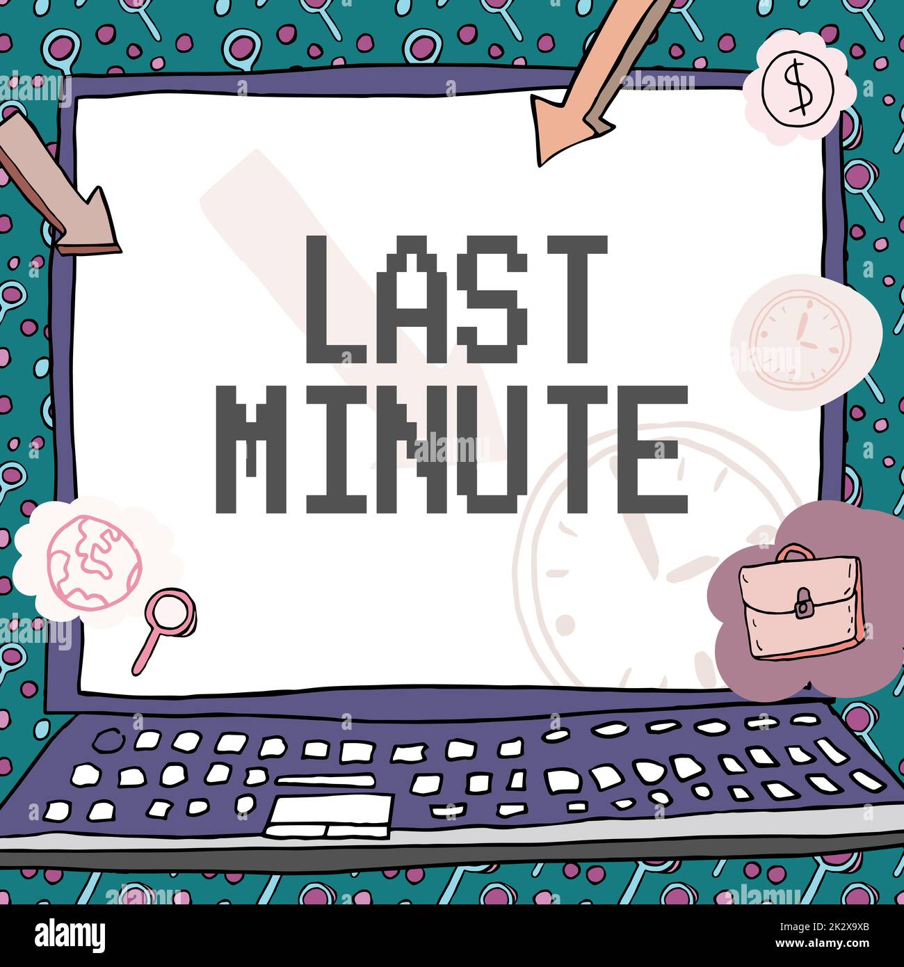 Didascalia di testo che presenta Last Minute. Vetrina di affari fatta o avvenendo al più tardi tempo possibile prima dell'evento Poster decorato con simboli monetari che mostrano la puntualità dei dipendenti. Foto Stock