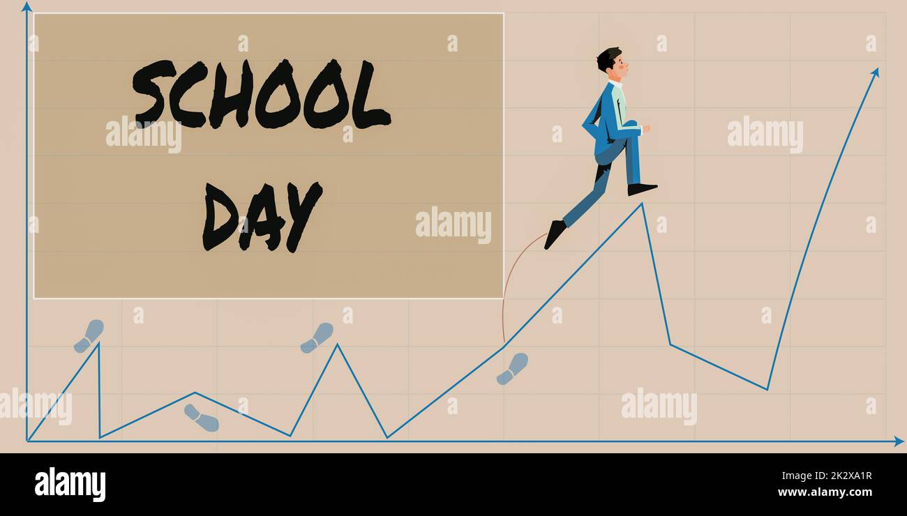 Didascalia concettuale Giornata della scuola. L'approccio aziendale inizia dalle sette o otto am alle tre pm ottenere insegnato ci usinessman arrampicata verso l'alto grafico di crescita che rappresenta il successo del progetto. Foto Stock