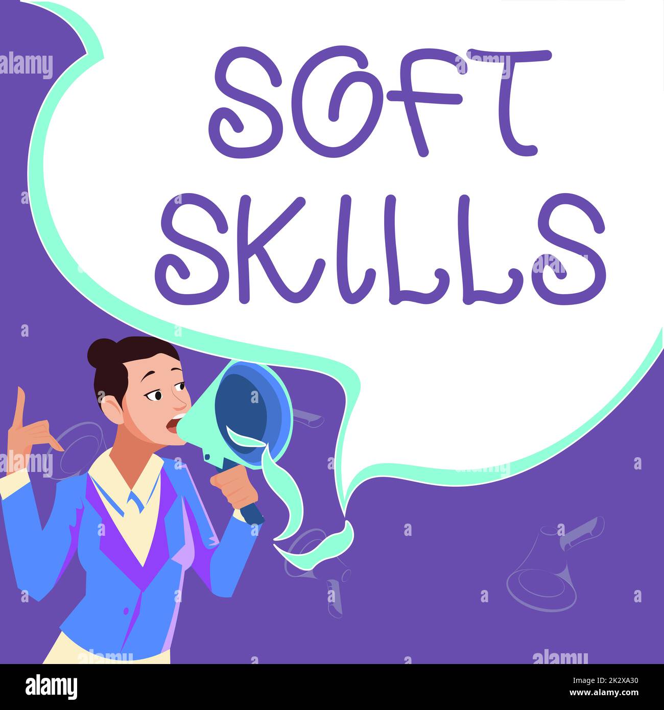 Cartello di testo che mostra le abilità morbide. Business showcase attributo personale consentire interagire efficacemente con altri mostrando Female leader in possesso di un megafono esprimere idee incoraggianti. Foto Stock