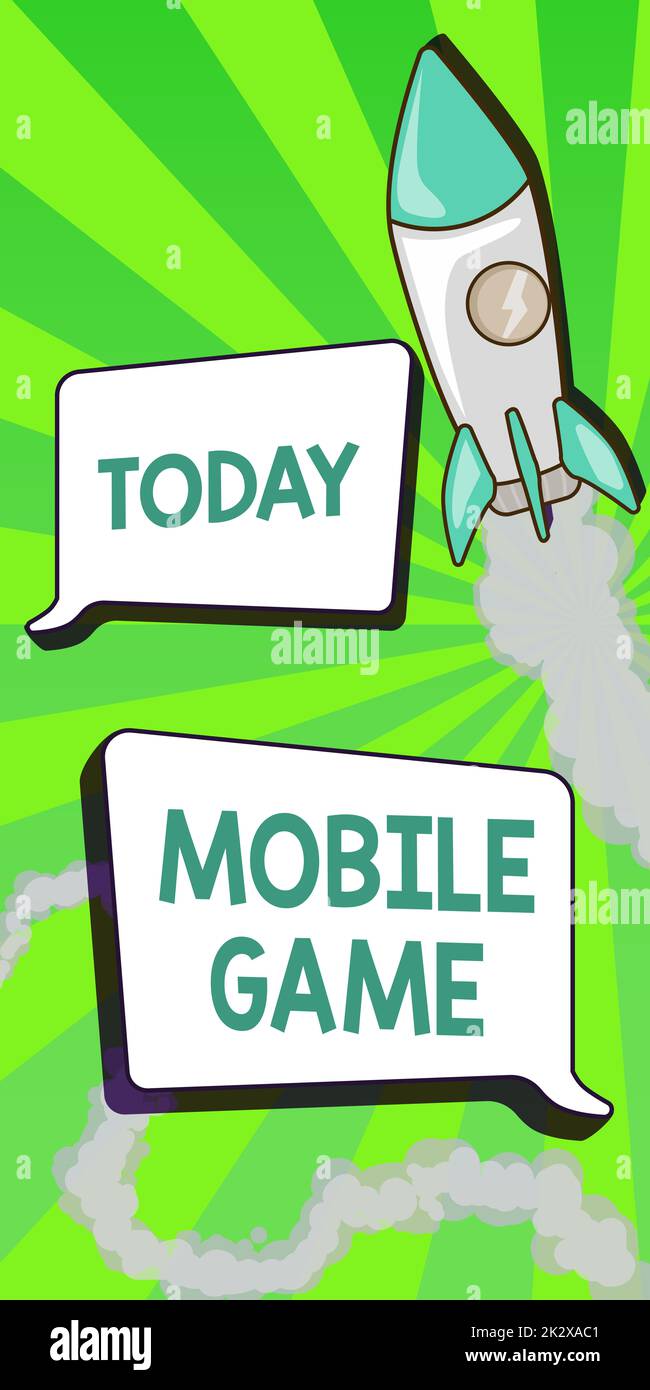 Scrittura di testo Mobile Game. Concetto che significa che sono programmi divertenti realizzati per funzionare su dispositivo intelligente Rocket Ship lancio veloce dritto fino allo spazio esterno. Foto Stock