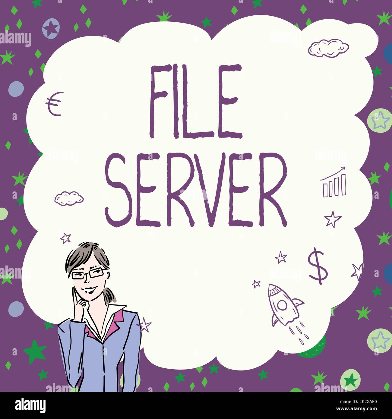 File server di visualizzazione concettuale. Dispositivo di concetto del Internet che controlla l'accesso ai dati immagazzinati separatamente Illustrazione della signora che pensa profondamente da sola per le nuove idee tattiche stupefacenti. Foto Stock
