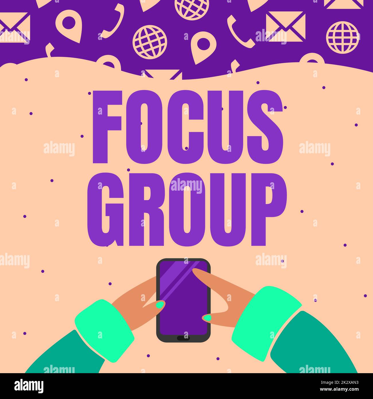 Segno che mostra il gruppo di messa a fuoco. Concetto di business mostrando assemblato per partecipare alla discussione su qualcosa mano tenere telefono cellulare premendo il pulsante di applicazione mostrando tecnologia. Foto Stock