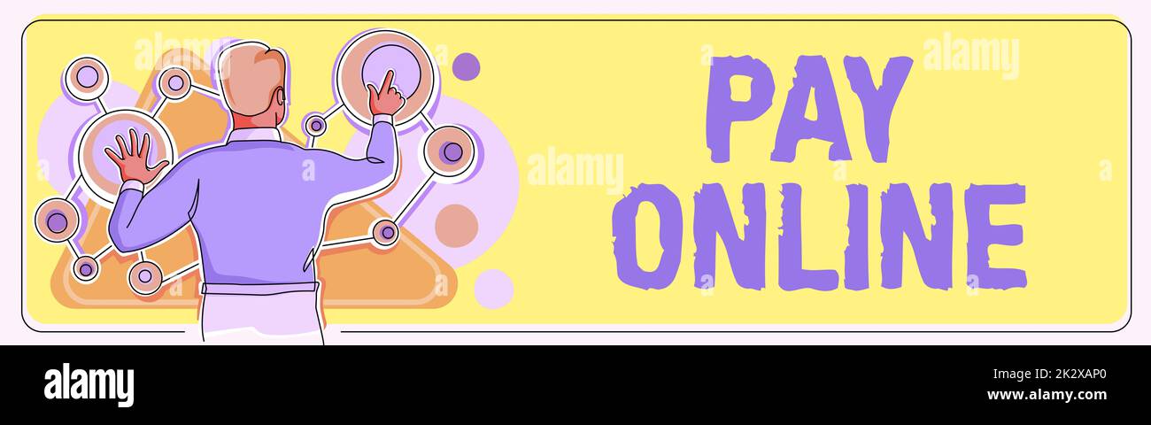 Didascalia concettuale Pay Online. Business approccio acquistare prodotti o servizio utilizzando la carta di credito su qualsiasi sito web Man manipolazione grafico circolare che rappresenta la creazione di strategia di successo. Foto Stock