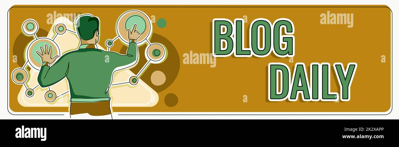 Ispirazione mostrando segno Blog Daily. Parola per la pubblicazione quotidiana di qualsiasi evento via Internet o strumenti di comunicazione uomo manipolando grafico circolare che rappresenta la creazione di strategia di successo. Foto Stock