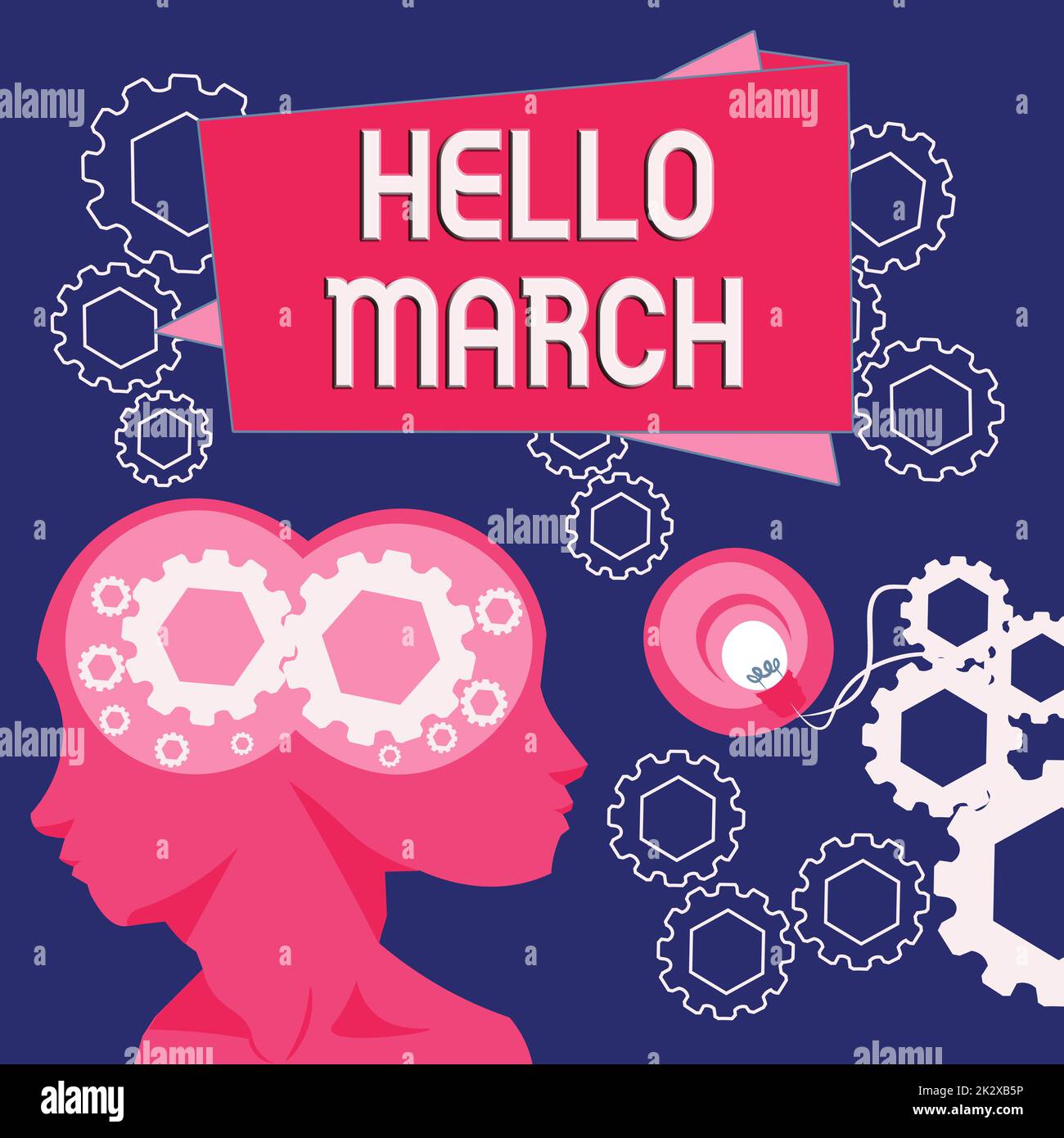 Testo che mostra l'ispirazione Ciao marzo. Panoramica aziendale composizione musicale di solito in duple o quadruple con Beat Two Heads con COGS che mostrano idee tecnologiche. Foto Stock