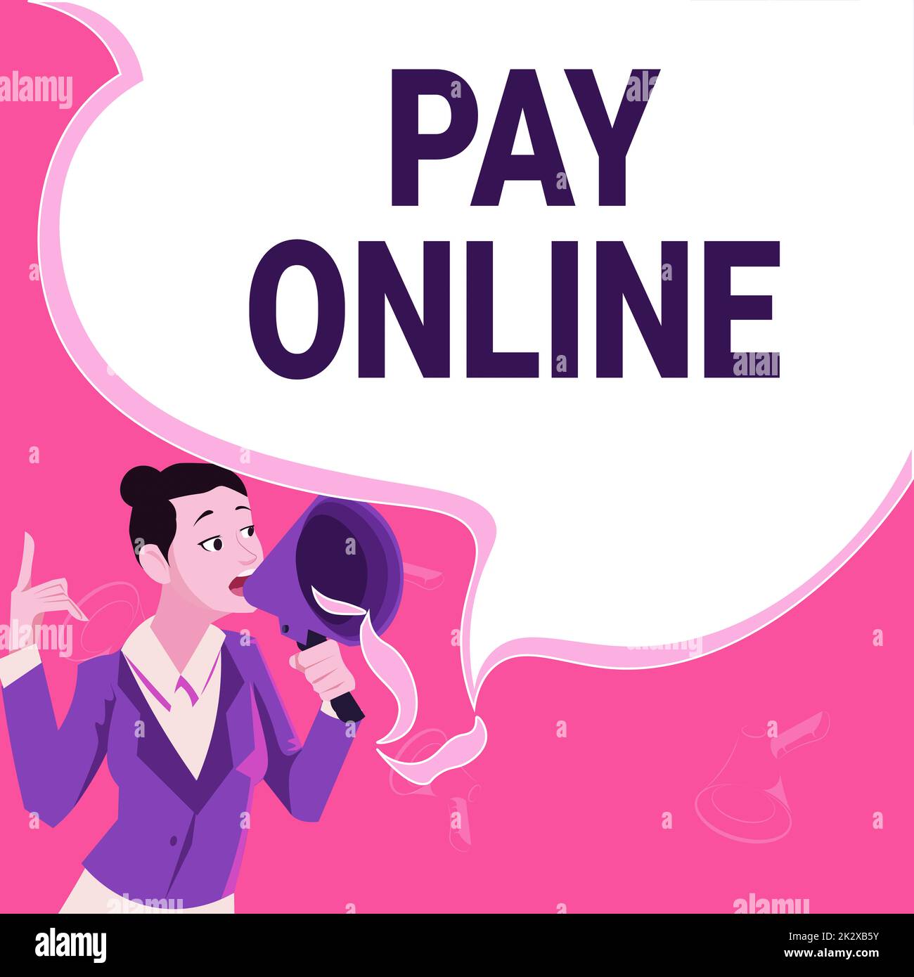Cartello di testo con la scritta Pay Online. Panoramica commerciale acquistare prodotti o servizi utilizzando la carta di credito su qualsiasi sito Web Female leader in possesso di un megafono che esprime idee incoraggianti. Foto Stock