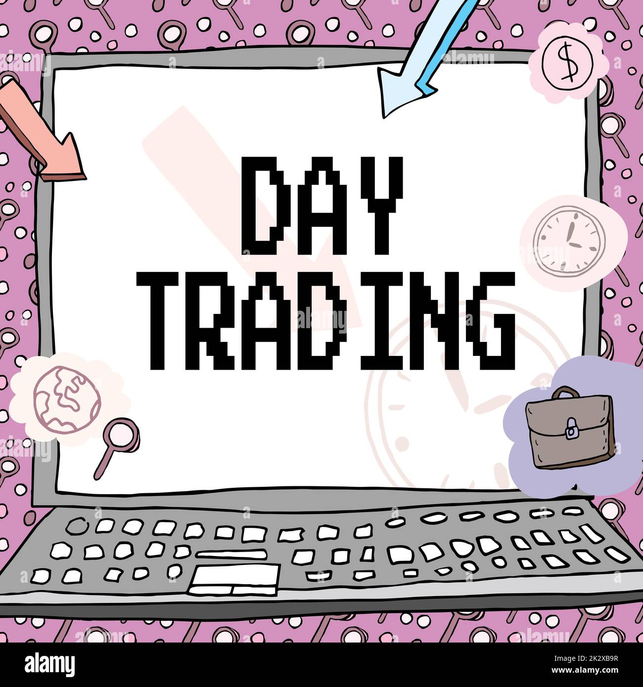 Testo che mostra il giorno di ispirazione Trading. Business idea titoli specificamente acquistare e vendere strumenti finanziari Poster decorato con simboli monetari che mostrano la puntualità dei dipendenti. Foto Stock