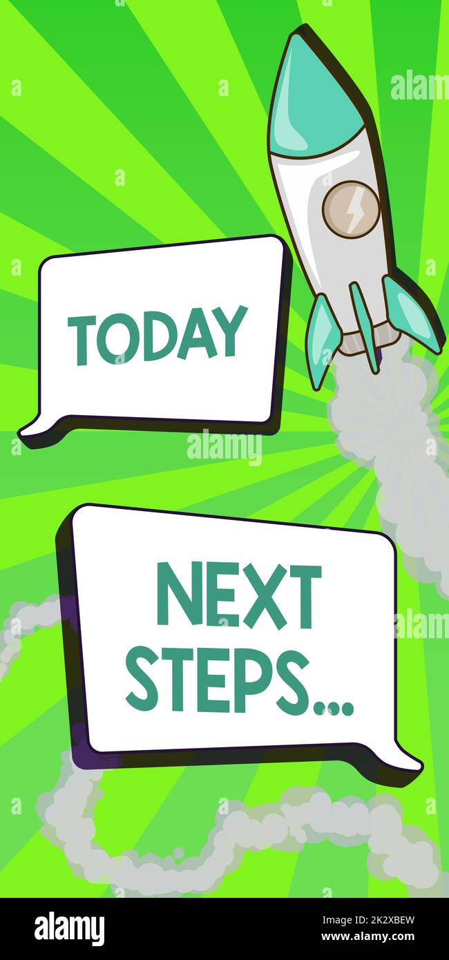 Ispirazione che mostra il segno passi successivi . Parola scritta su numero di processo che va fatto dopo una pianificazione attuale Rocket Ship lancio veloce dritto fino allo spazio esterno. Foto Stock