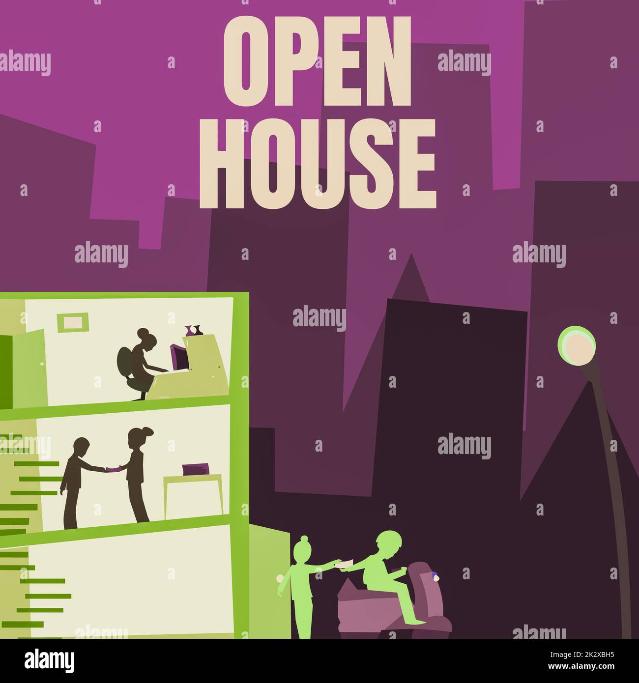 Scrittura visualizzazione testo Open House. Concetto che significa che si può venire qualsiasi cosa quando si desidera rendersi a casa Ufficio edificio con grattacieli disegno che mostra City Skyline. Foto Stock