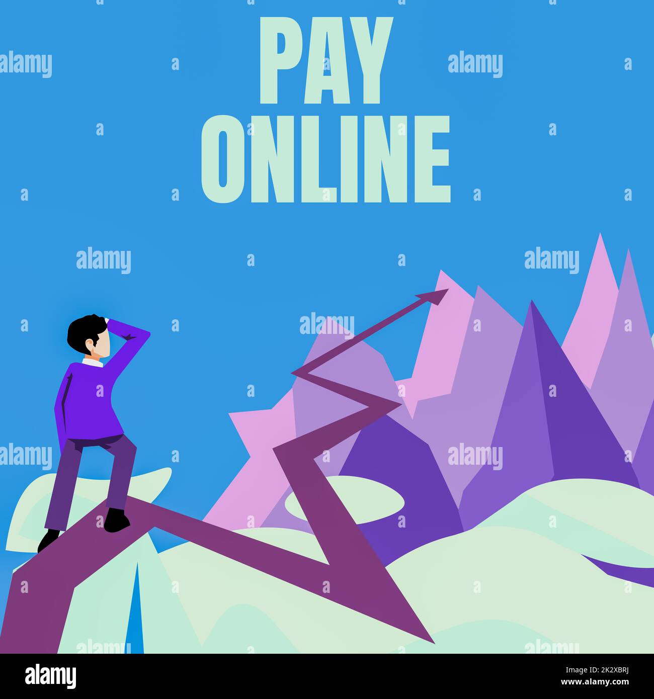 Segno che mostra Pay Online. Parola scritta sui prodotti di acquisto o servizio usando la carta di credito su tutto il Web site l'uomo che guarda la freccia di orizzonte che punta simbolizzando il successo futuro del progetto. Foto Stock