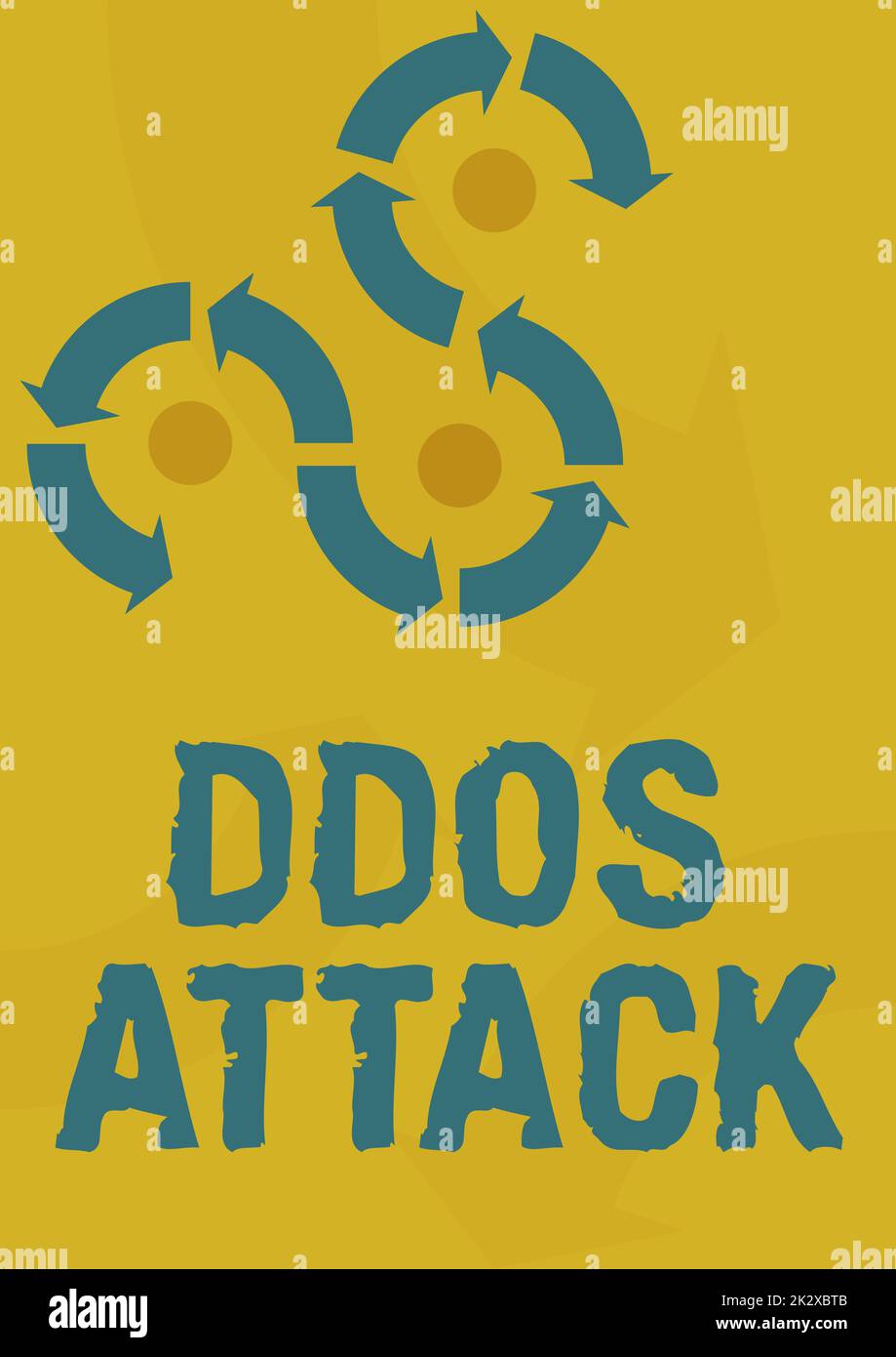 Ispirazione che mostra un attacco DDoS di segno. Parola scritta su autore cerca di rendere la risorsa di rete non disponibile freccia segno che simboleggia con successo la realizzazione dei cicli di progetto. Foto Stock
