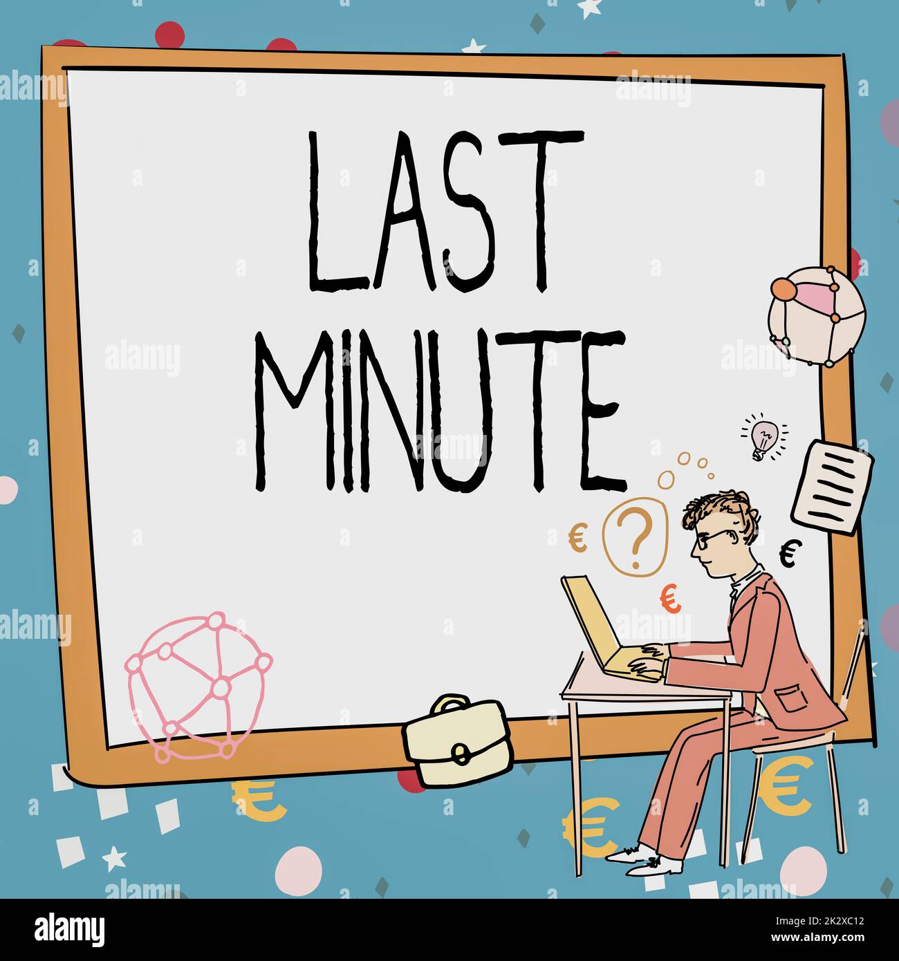 Cartello di testo che mostra Last Minute. Idea di business fatto o che si verifica al più tardi possibile prima dell'evento uomo che lavora al computer che rappresenta la creazione di una strategia aziendale di successo. Foto Stock