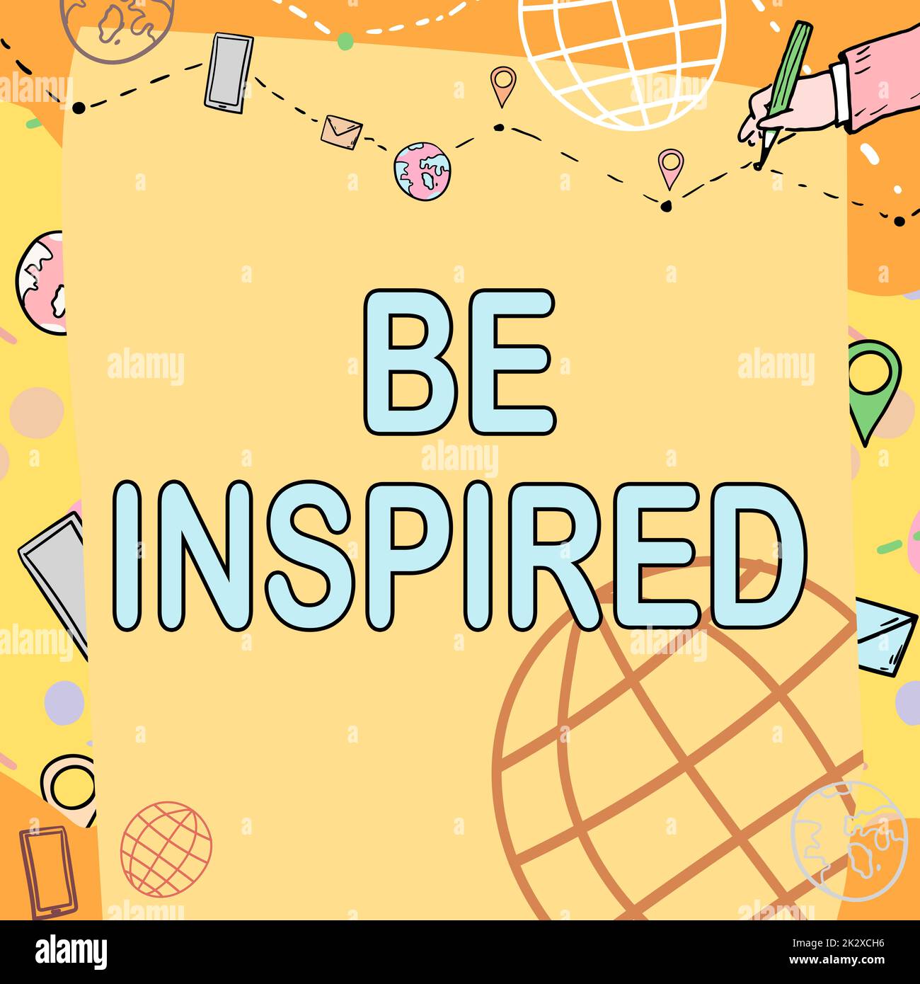 Presentazione di didascalie di testo lasciati ispirare. Business Concept qualità straordinaria come nasce da un impulso creativo Plain Whiteboard con disegno a mano linea guida per passi oltre il mondo globo. Foto Stock