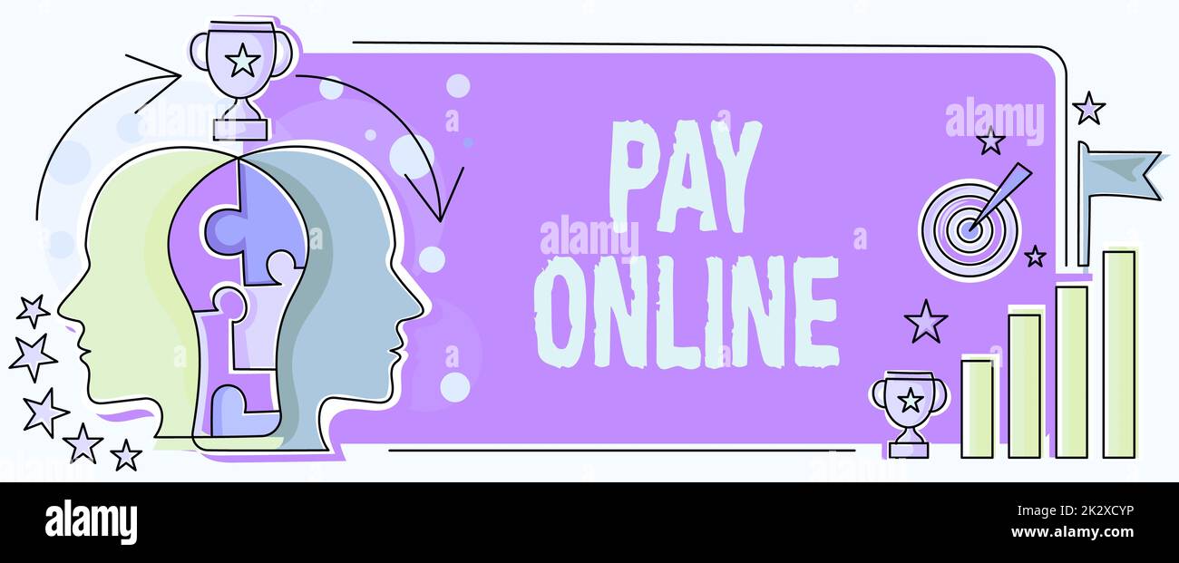 Didascalia di testo che presenta Pay Online. Internet Concept acquistare prodotti o servizio utilizzando la carta di credito su qualsiasi sito web due teste connesse Puzzle mostrando risolvere i problemi e condividere il successo Foto Stock