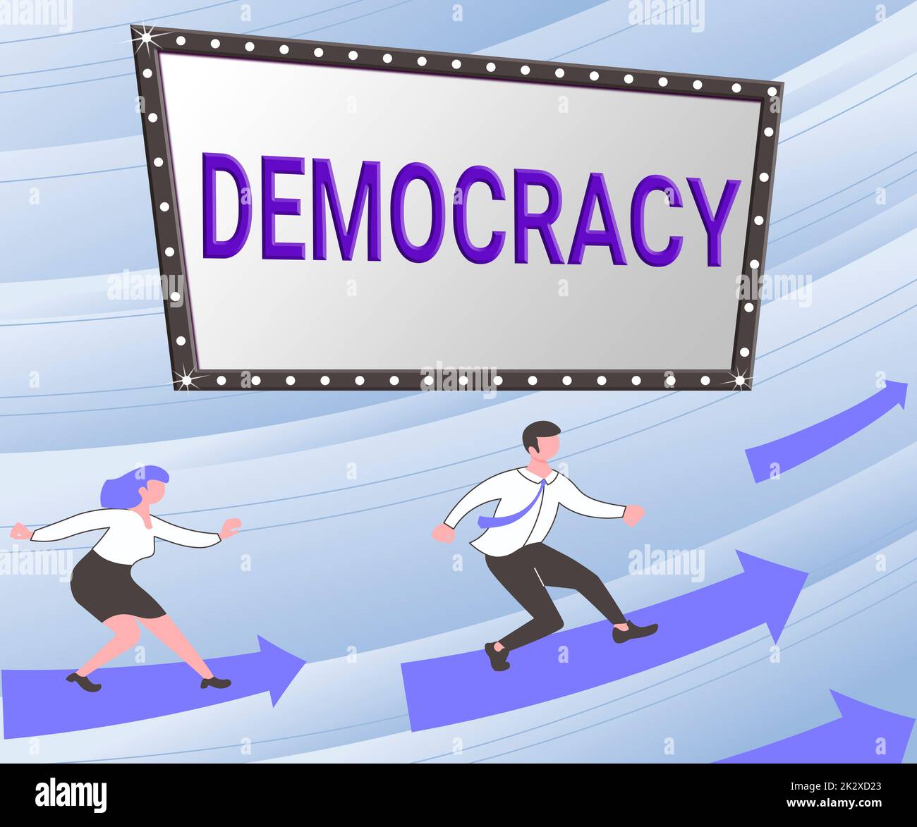 Scrittura a mano democrazia. Foto concettuale libertà di mostrare per esprimere i loro sentimenti e credenze frecce che guidano due colleghi collaboranti verso un piano finanziario migliore Foto Stock