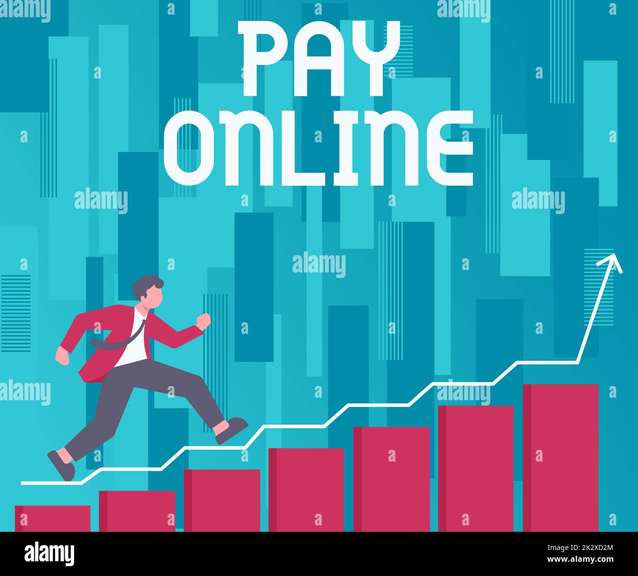 Segno di scrittura a mano paga in linea. Vetrina di affari acquistare prodotti o servizio utilizzando la carta di credito su qualsiasi sito Gentleman in Suit Climbing Staris in esecuzione successo in avanti raggiungere gli obiettivi. Foto Stock