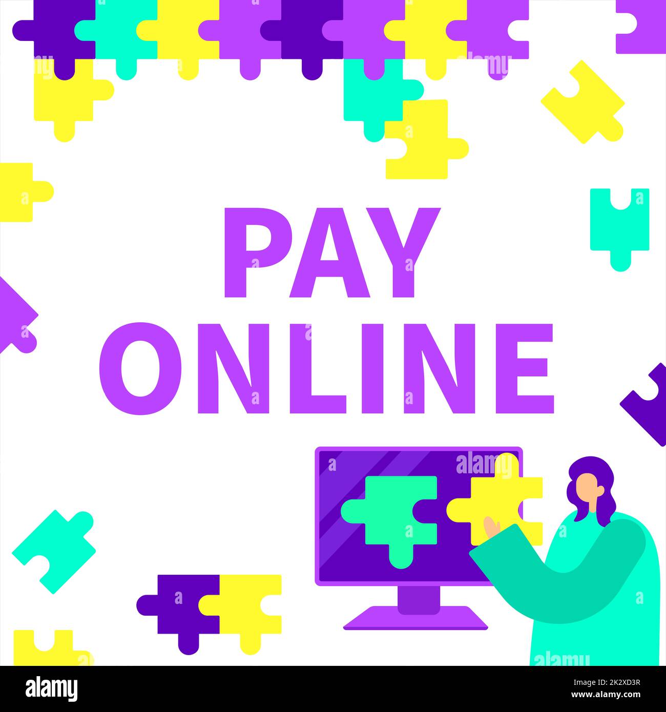 Segno che mostra Pay Online. Approccio commerciale acquistare prodotti o servizio utilizzando la carta di credito su qualsiasi sito web Lady Holding Puzzle pezzo che rappresenta innovativo problema risolvere idee. Foto Stock