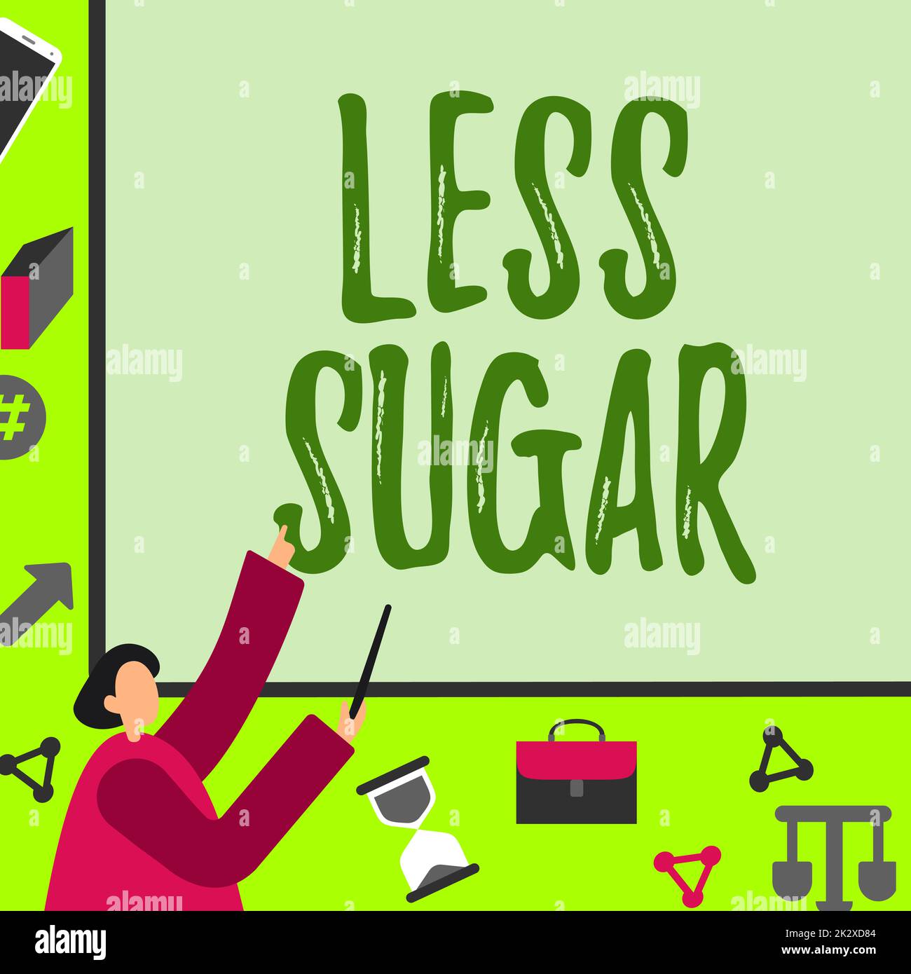 Visualizzazione concettuale meno zucchero. Idea di affari Volume più basso di dolcezza in tutto il cibo o la bevanda che mangiamo l'uomo d'affari che punta il consiglio di presentazione delle impronte che rappresenta i progetti di progettazione. Foto Stock