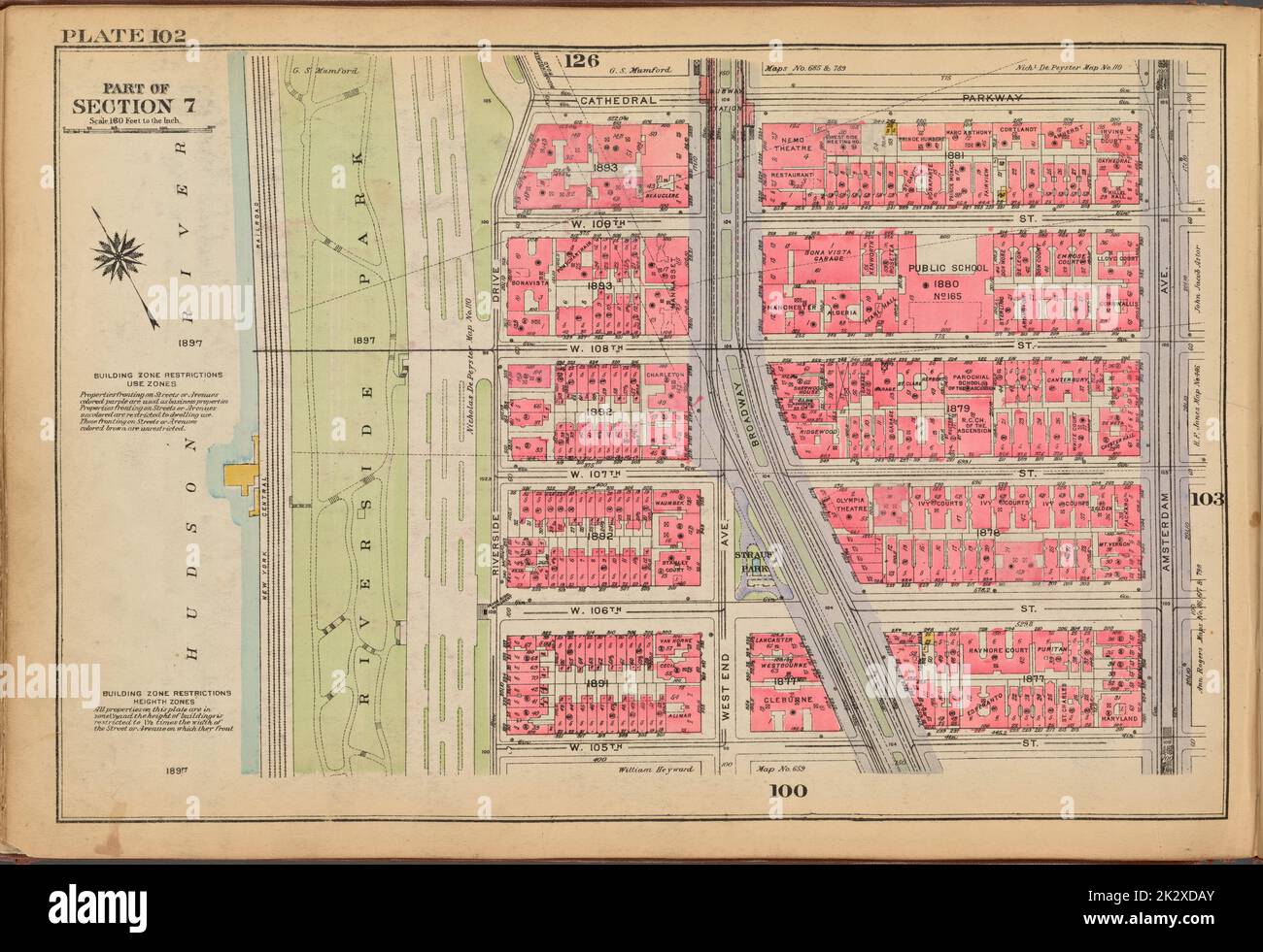 Cartografica, Mappe. 1921 - 1923. Lionel Pincus e la Principessa Firyal Map Division. Real Property , New York (state) , New York, Manhattan (New York, N.Y.) Piastra 102: Delimitata da Cathedral Parkway, Amsterdam Avenue, W. 105th Street e (Hudson River, Riverside Park) Riverside Drive Foto Stock