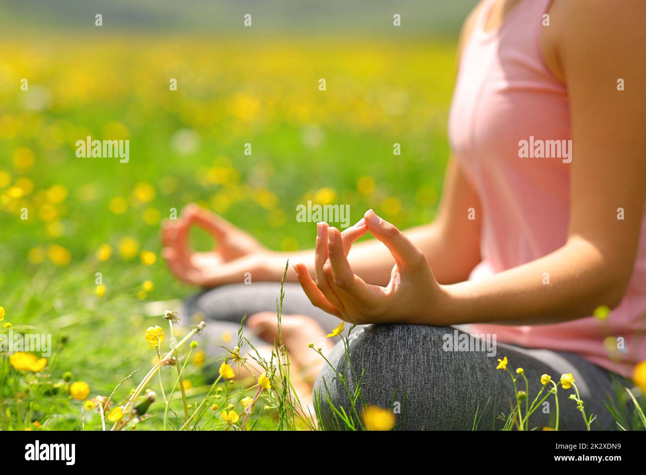 Yogi mani esercizio yoga in un campo Foto Stock