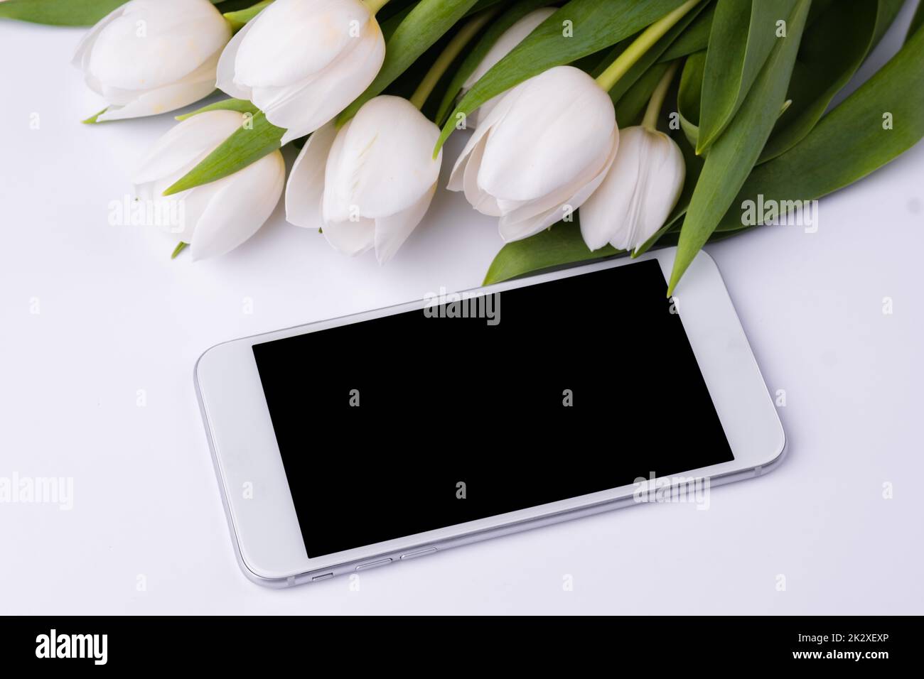 Bouquet di tulipani bianchi con smartphone mobile con schermo vuoto. Spazio di copia per il testo. Foto Stock