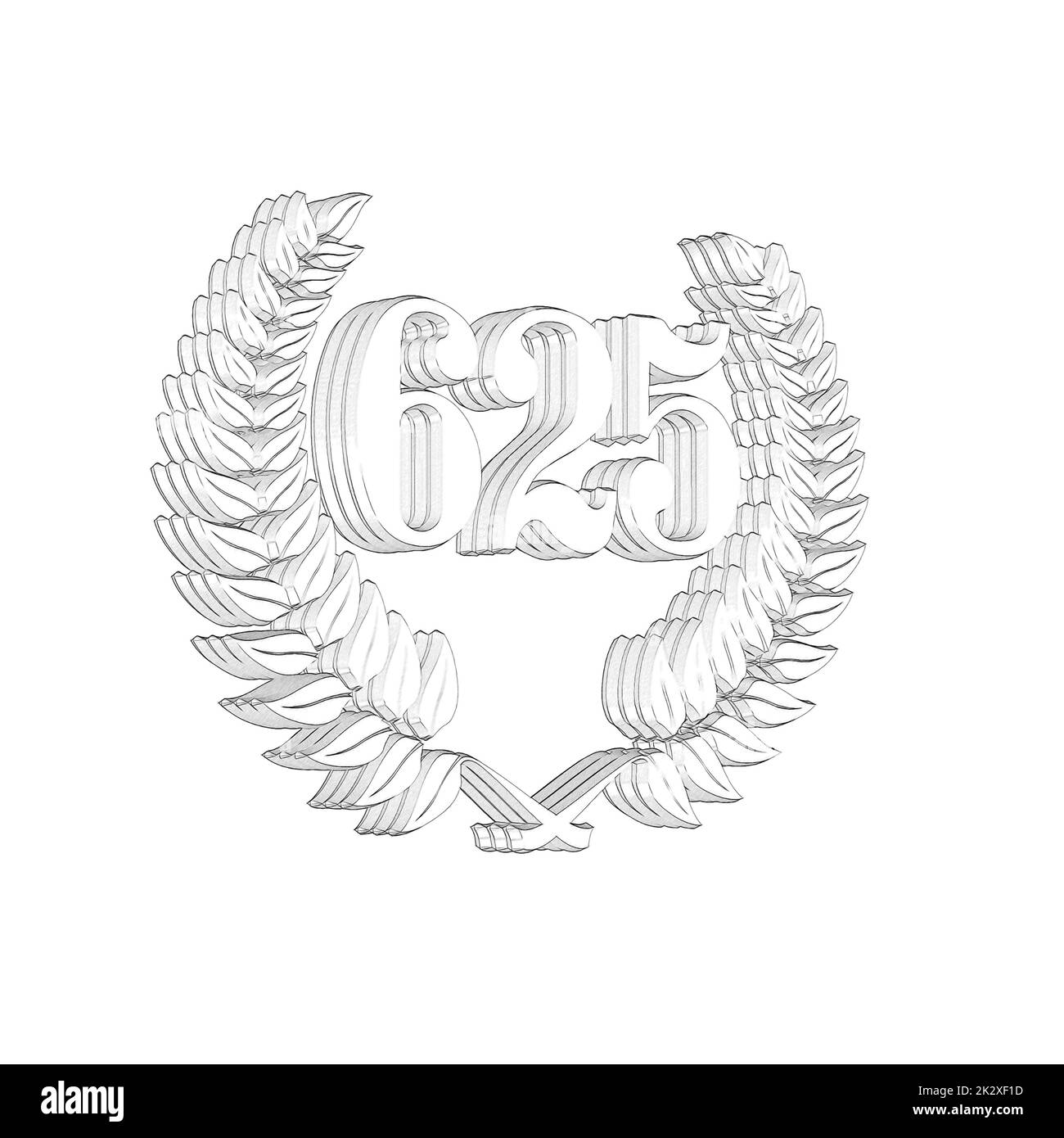 Numero 625 con corona di alloro o corona d'onore come 3D-illustrazione, 3D-rendering Foto Stock