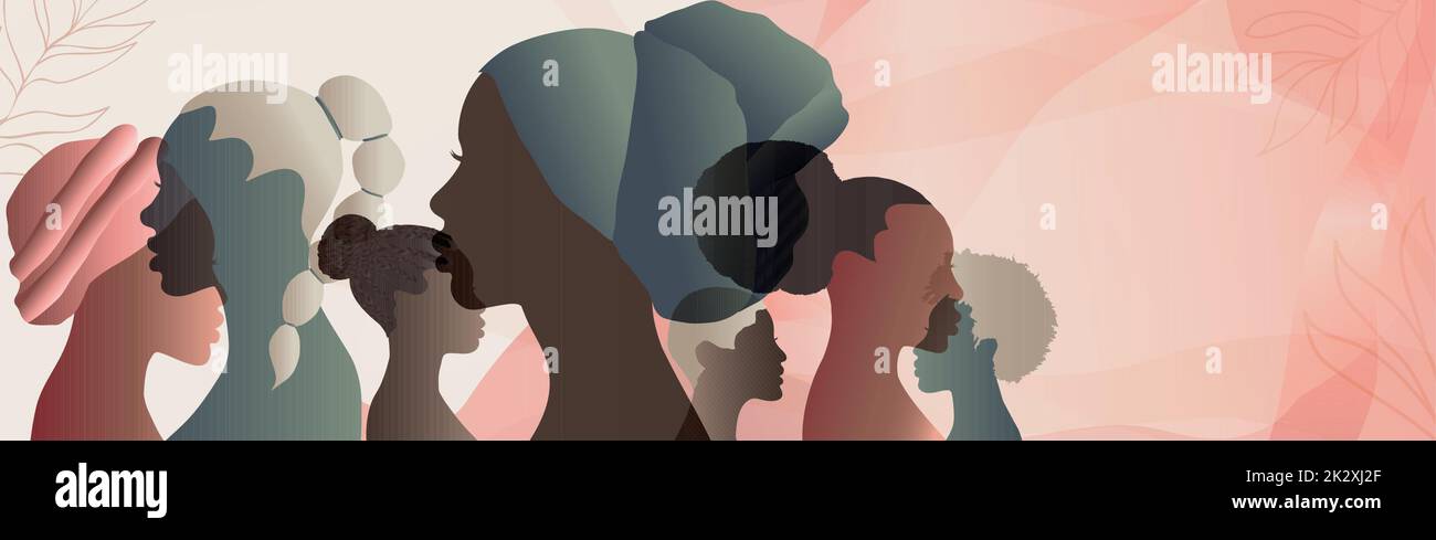 Profilo silhouette gruppo di donne e ragazze afro-americane o africane. Teste e facce di donne nere. Comunità sociale femminile. Uguaglianza razziale Illustrazione Vettoriale