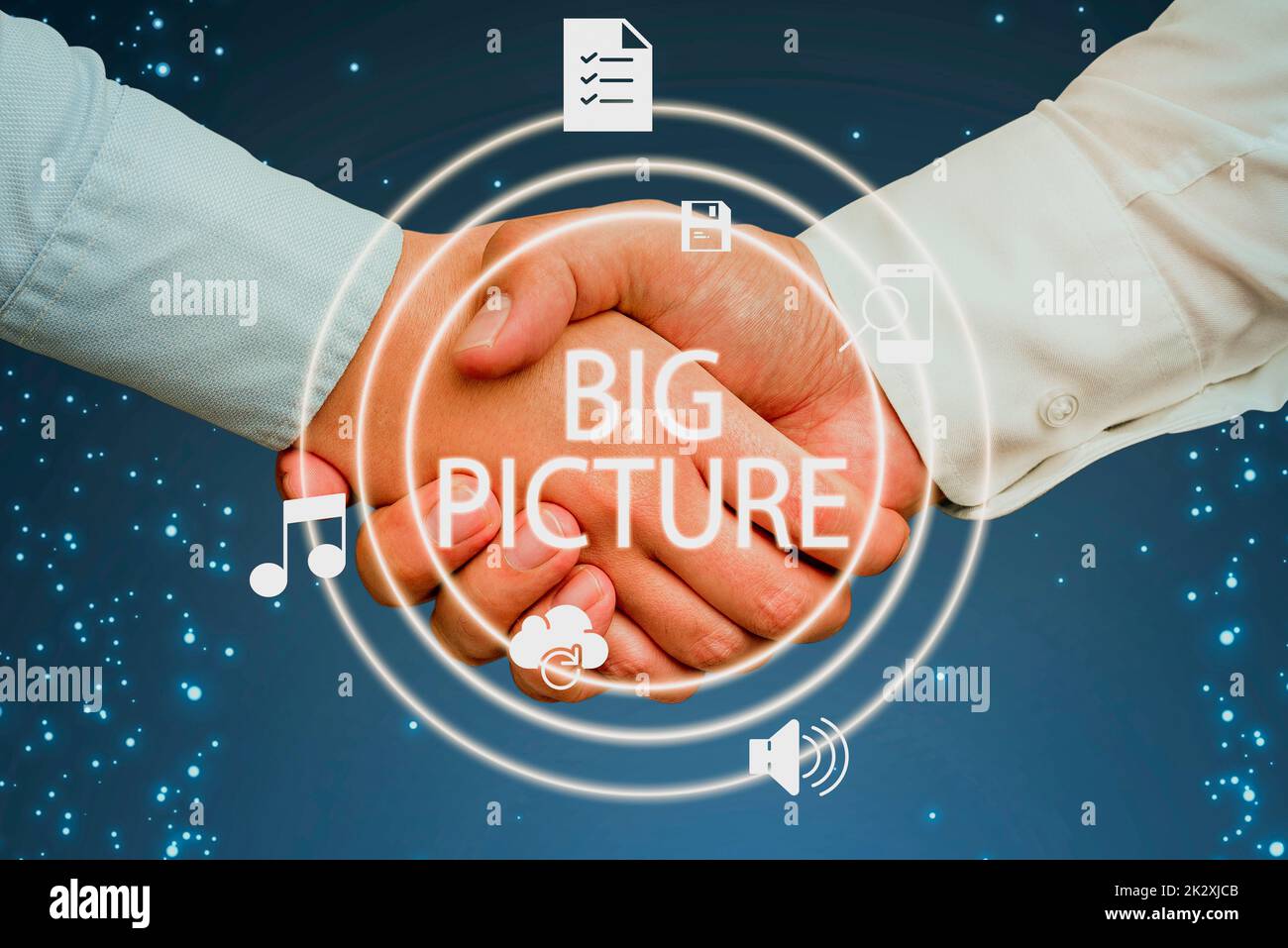 Testo che mostra l'ispirazione Big Picture. Concetto che significa la maggior parte dei fatti importanti circa determinata situazione ed i relativi effetti mani che scuotono presentando le idee innovatrici del programma che simboleggiano il lavoro di squadra. Foto Stock