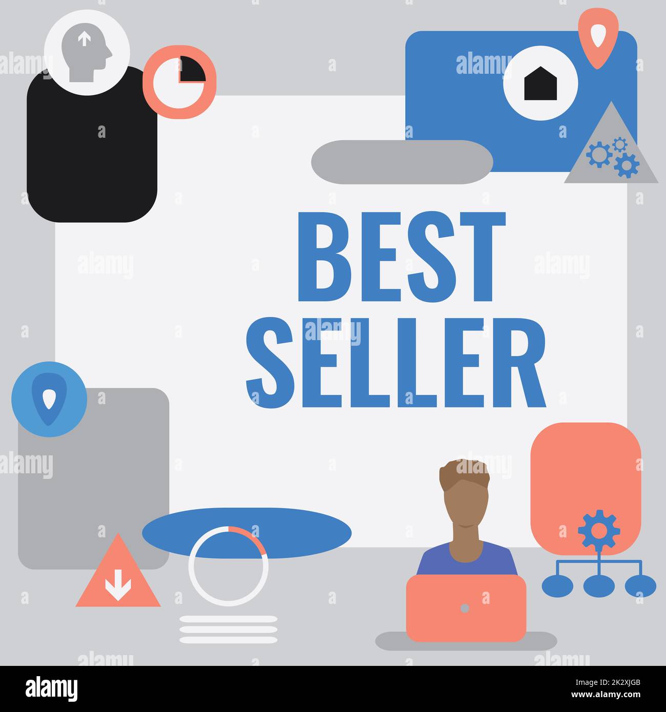 Cartello di testo con la scritta Best seller. Libro di approccio aziendale o altro prodotto che vende in numeri molto grandi uomo seduto sulla scrivania di lavoro e presentazione di nuove tecnologie. Foto Stock