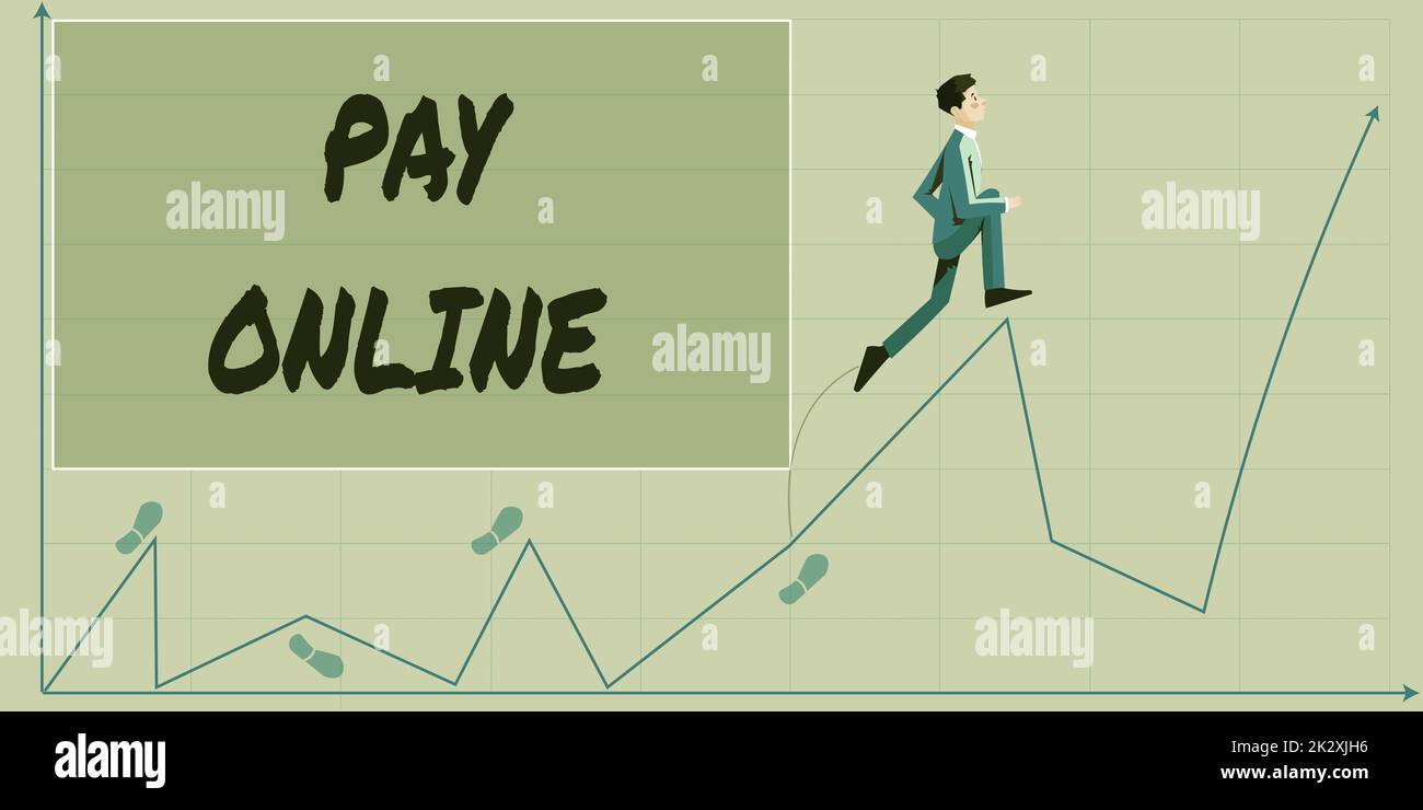 Didascalia di testo che presenta Pay Online. Vetrina di affari acquistare prodotti o servizio utilizzando la carta di credito su qualsiasi sito web usinessman arrampicata verso l'alto grafico di crescita che rappresenta il successo del progetto. Foto Stock