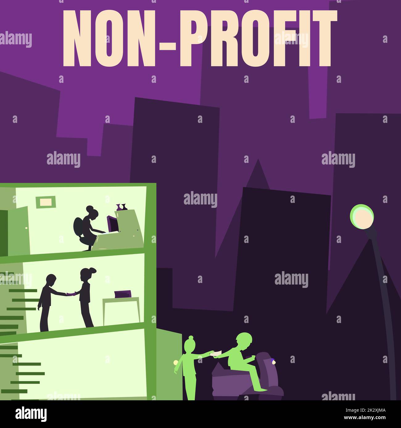 Testo scritto a mano senza scopo di lucro. Concetto che significa fornire prodotti o servizi senza dover pagare in un edificio degli uffici con grattacieli disegno che mostra lo skyline della città. Foto Stock