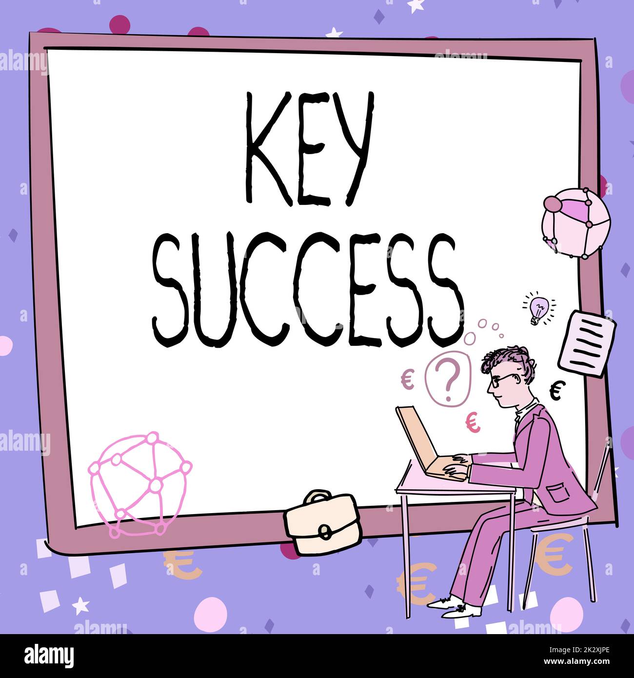 Scrittura a mano del testo chiave riuscita. Parola scritta generalmente su tre - cinque aree che l'azienda può mettere a fuoco sull'uomo che lavora sul calcolatore che rappresenta la creazione riuscita di strategia di affari. Foto Stock