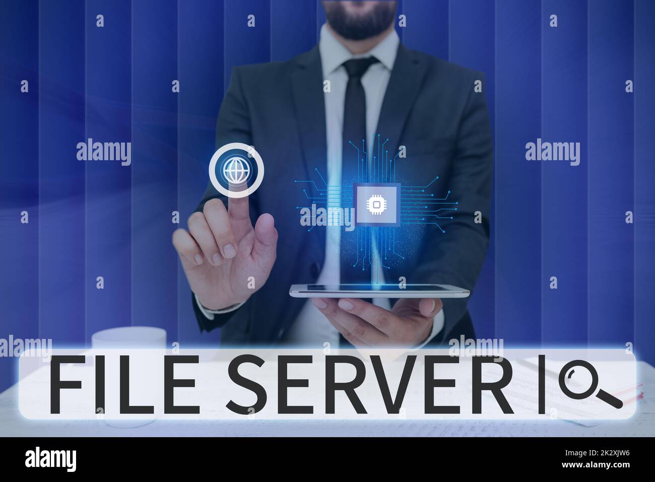 Firma che visualizza il file server. Dispositivo di approccio aziendale che controlla l'accesso ai dati memorizzati separatamente uomo in attesa di schermata del telefono cellulare che mostra la tecnologia futuristica. Foto Stock