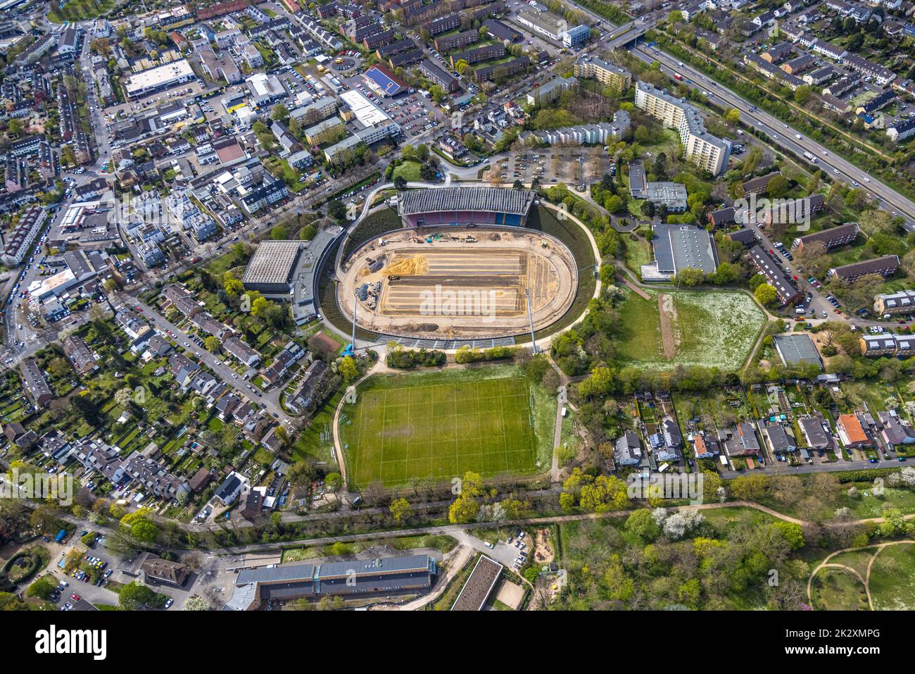 Veduta aerea, Sportpark Nord con riqualificazione dello stadio, Auerberg, Bonn, Renania settentrionale-Vestfalia, Germania, lavori di costruzione, zona di costruzione, Foto Stock