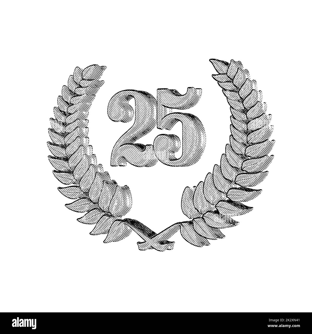 Numero 25 con corona di alloro o corona d'onore come 3D-illustrazione, 3D-rendering Foto Stock