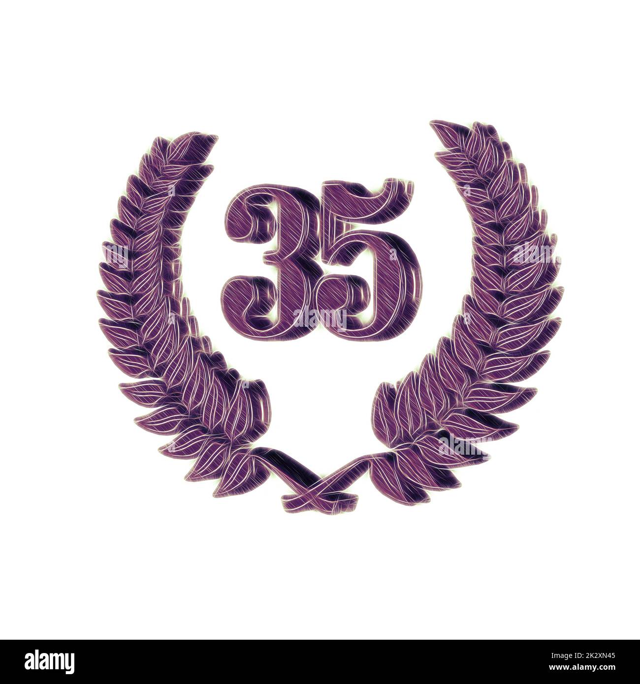 Numero 35 con corona di alloro o corona d'onore come 3D-illustrazione, 3D-rendering Foto Stock