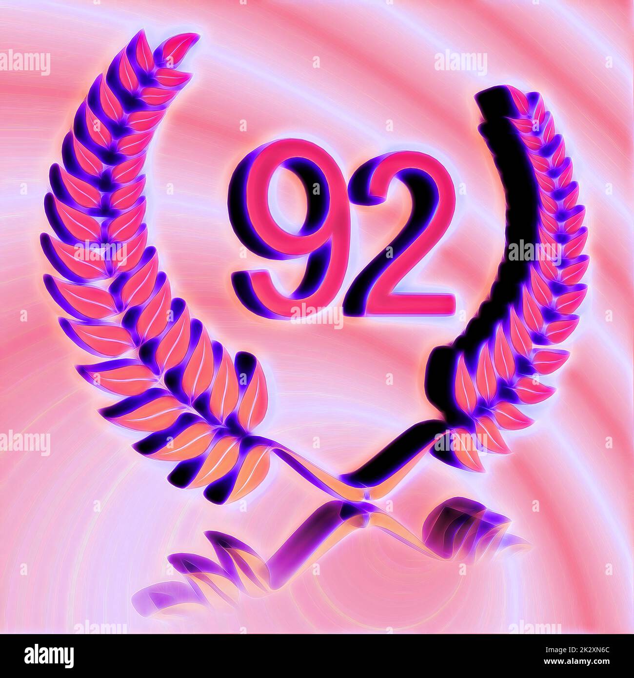 Numero 92 con corona di alloro o corona d'onore come 3D-illustrazione, 3D-rendering Foto Stock