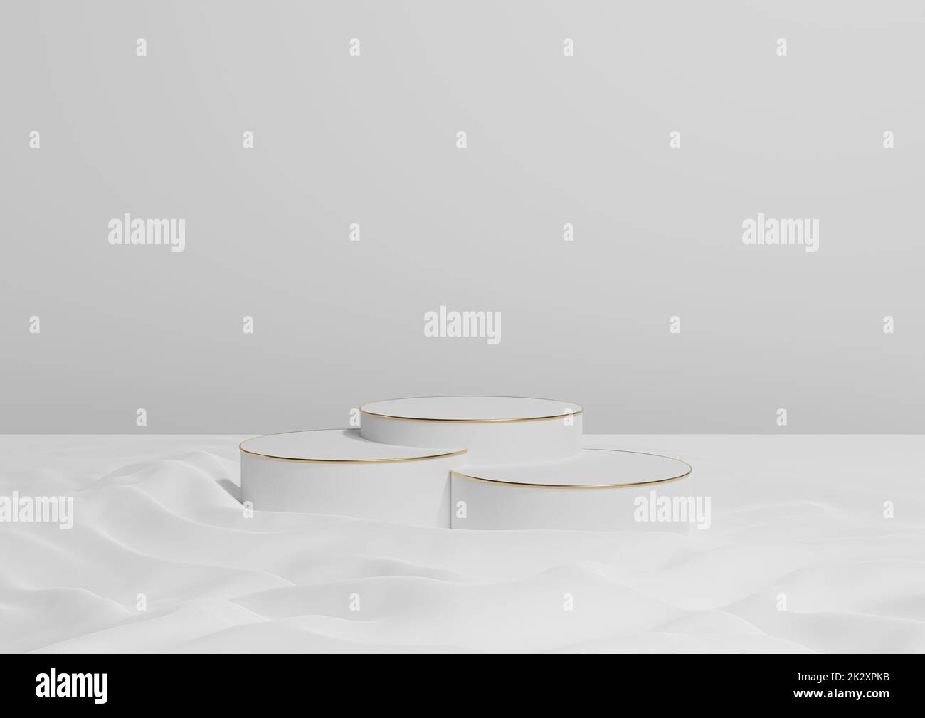 Bianco, grigio chiaro, nero e bianco 3D rendering prodotto minimo visualizzare tre podi cilindri di lusso o stand, su prodotto tessile ondulato fotografia sfondo con composizione con linee dorate cosmetico Foto Stock