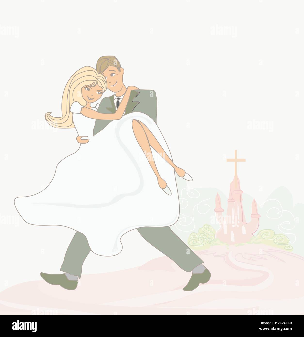 Coppie in viaggio di nozze e chiesa sullo sfondo Foto Stock