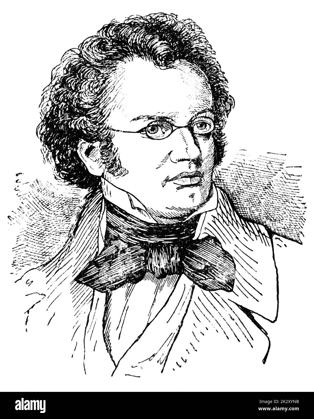 Ritratto di Franz Peter Schubert - un compositore austriaco della tarda epoca classica e dei primi tempi romantici. Illustrazione del 19 ° secolo. Sfondo bianco. Foto Stock