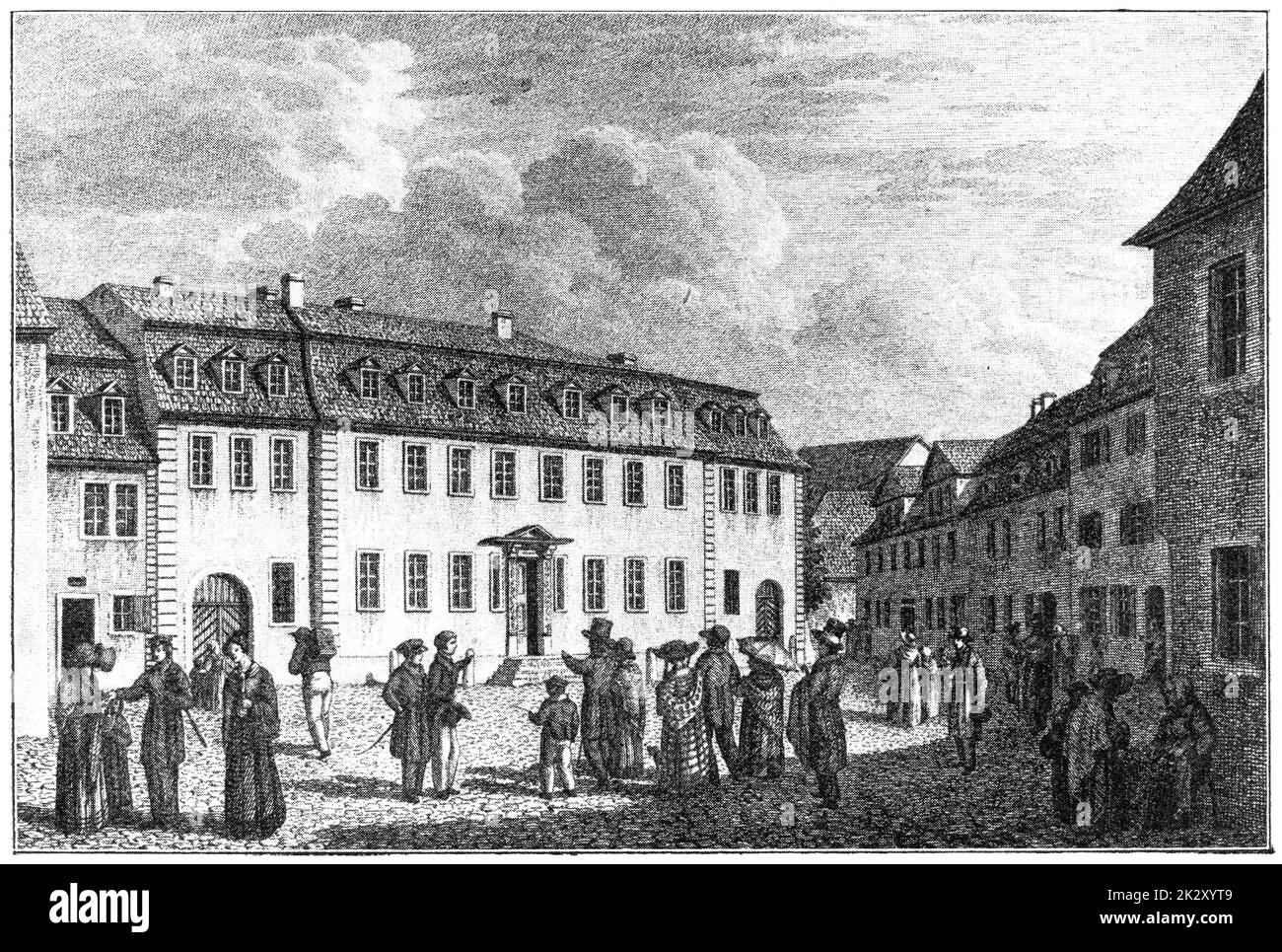 La Casa di Goethe (Goethes Wohnhaus) a Weimar, Germania. Illustrazione del 19 ° secolo. Sfondo bianco. Foto Stock