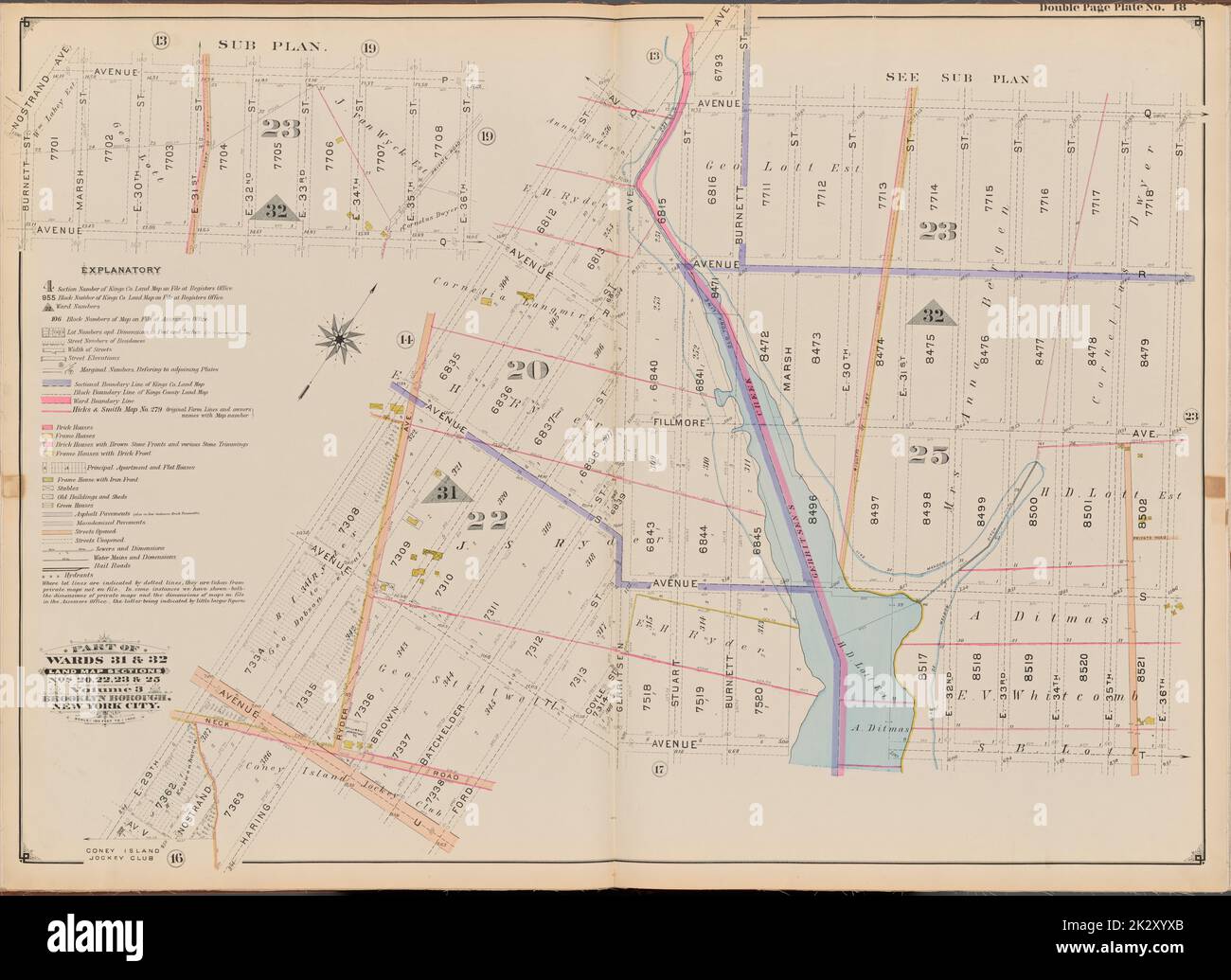 Cartografica, Mappe. 1899. Lionel Pincus e la Principessa Firyal Map Division. Brooklyn (New York, N.Y.), Real Property , New York (state) , New York Double Page Plate No. 18: Bounded by Avenue Q, E. 36th St., Avenue T, Ford St., Avenue U, Haring St., Avenue V ed E. 29th St.; piano secondario delimitato da Avenue P, E. 36th St., Avenue Q, Burnett St. E Nostrand Ave parte di Wards 31 & 32, sezioni della mappa terrestre, n. 20, 22, 23 & 25, Volume 3, Brooklyn Borough, New York City Foto Stock