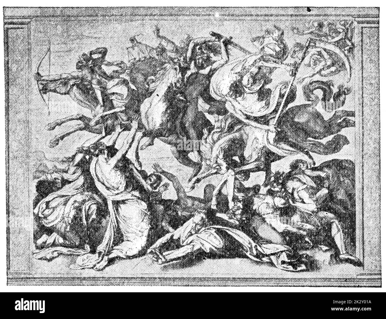 Four Horsemen of the Apocalypse è un dipinto dell'artista tedesco Peter von Cornelius. Illustrazione del 19 ° secolo. Sfondo bianco. Foto Stock