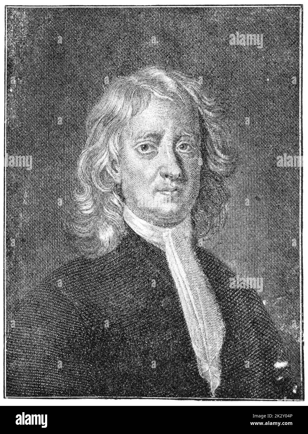 Ritratto di Sir Isaac Newton - matematico, fisico, astronomo, teologo inglese. Illustrazione del 19 ° secolo. Germania. Sfondo bianco. Foto Stock
